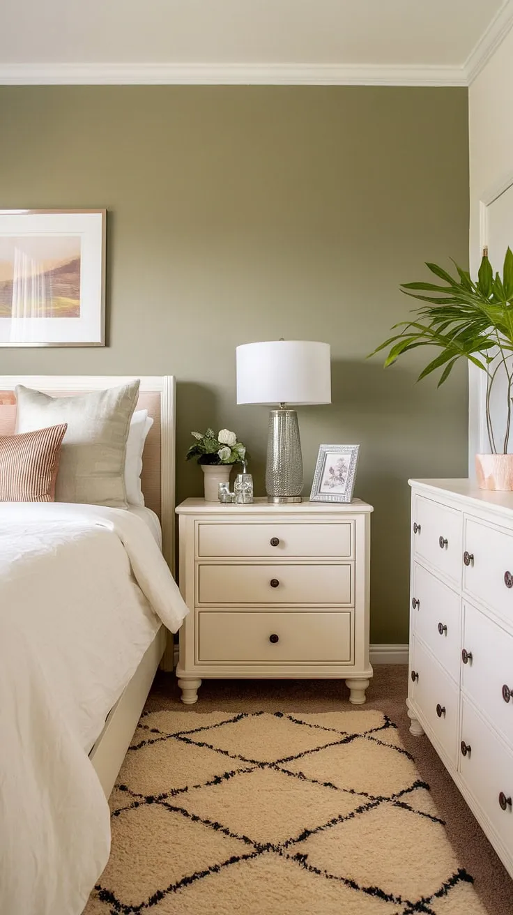 Cream walls with a green accent wall create a tranquil oasis in this sage green guest bedroom. The white furniture and sage green house decor complete the look, showcasing a safe green accent wall beautifully painted with bitter sage paint.