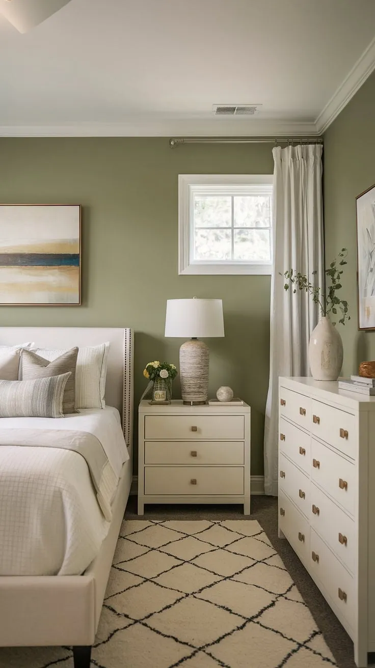 This sage green accent wall transforms a simple guest bedroom into a stylish retreat. The combination of white furniture and sage green house decor creates a sophisticated and inviting space with cream walls with green accent wall.