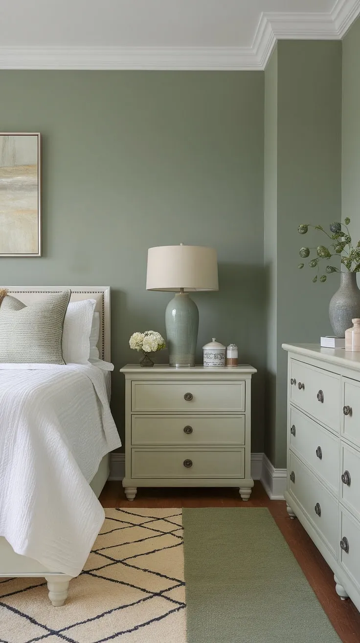 This serene sage green guest bedroom boasts a calming atmosphere. The sage green wall accent, painted in a beautiful bitter sage paint, complements the white furniture perfectly. Cream walls with green accent wall create a balanced and sophisticated feel, showcasing the beauty of sage green house decor. The layered rugs add warmth and texture.