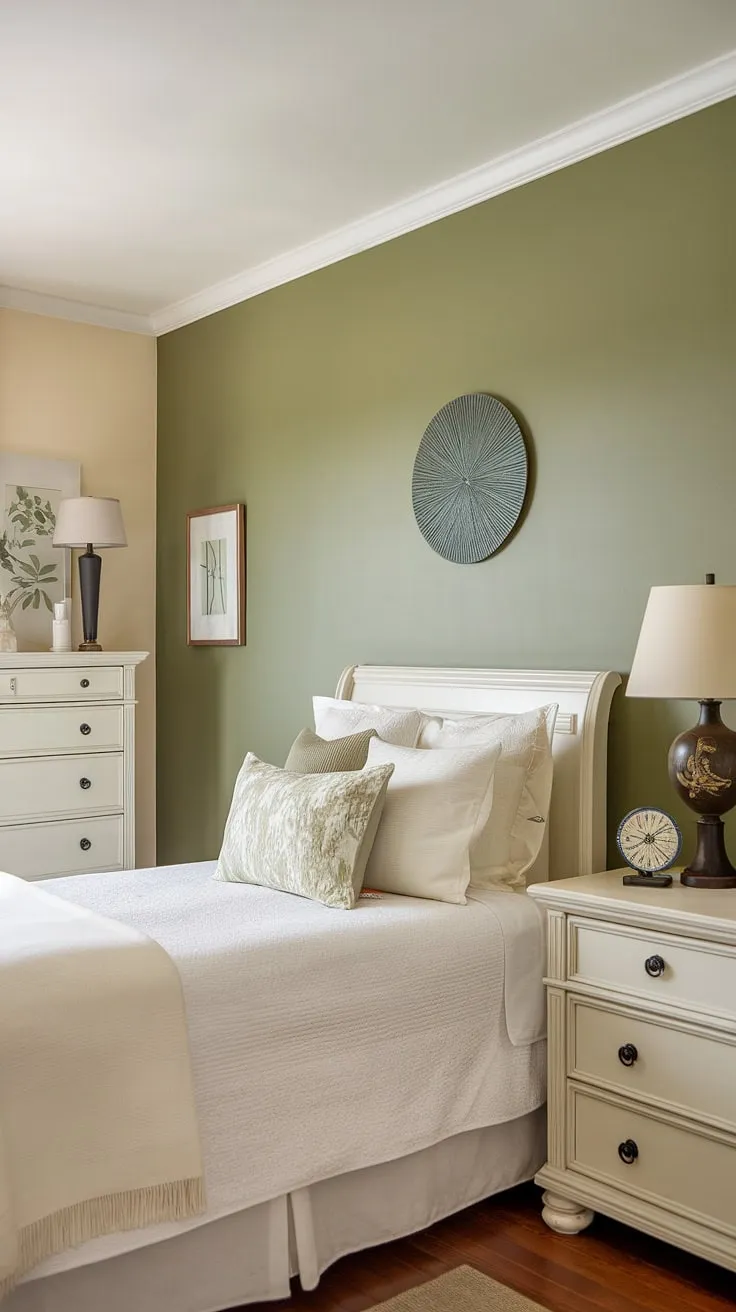 Serene sage green guest bedroom featuring a calming sage green wall accent, white furniture, and cream walls with green accent wall. The bitter sage paint creates a safe green accent wall perfect for restful nights.