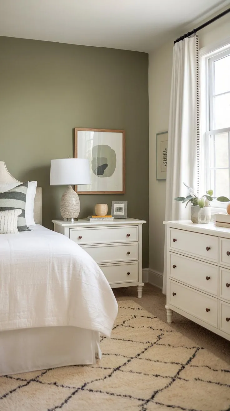 A tranquil sage green guest bedroom featuring a stunning sage green wall accent. The cream walls with green accent wall create a balanced and sophisticated look, while the white furniture adds brightness. The bitter sage paint on the accent bedroom green wall provides a subtle yet impactful pop of color, making this a truly restful and stylish space.