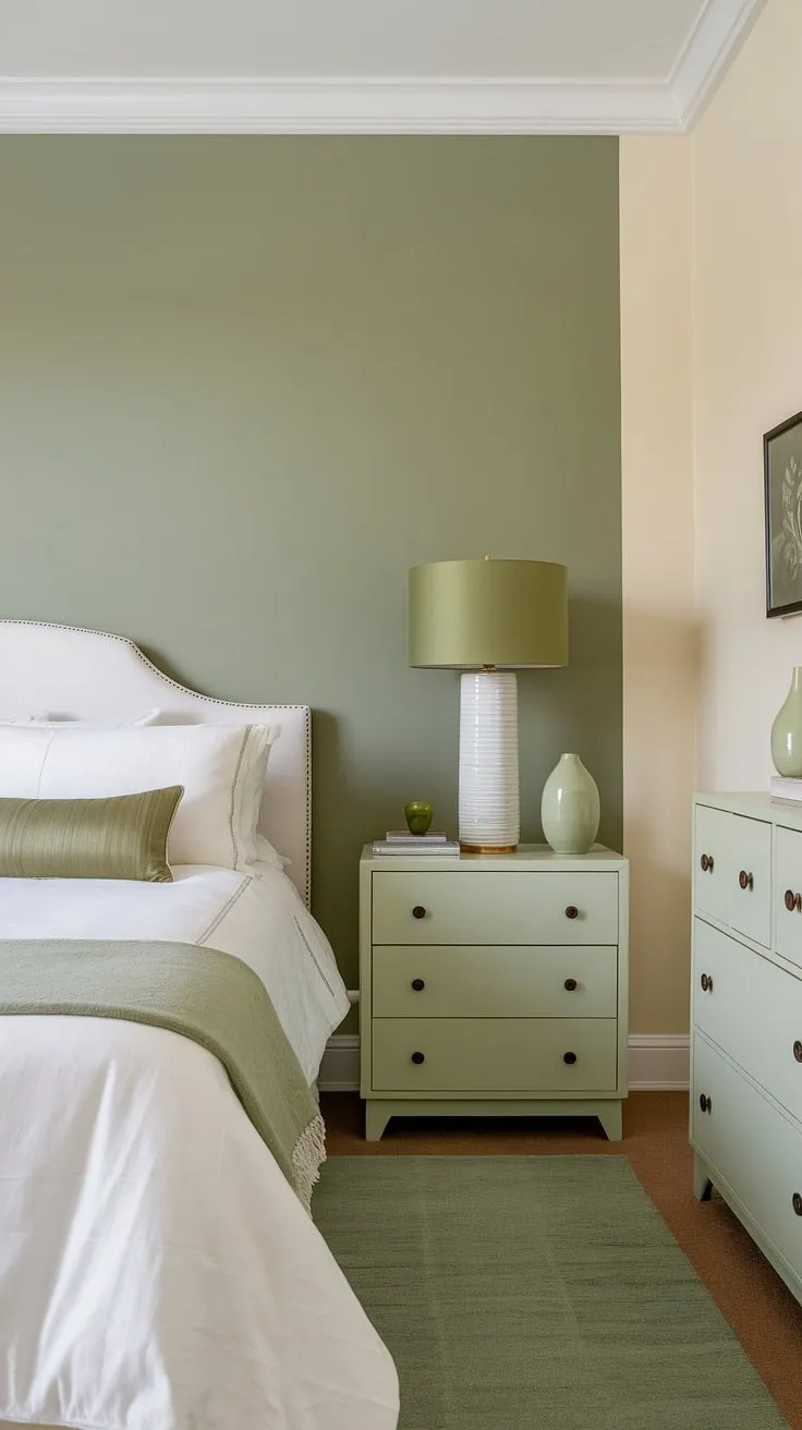 This sage green guest bedroom boasts a safe green accent wall, painted in a calming bitter sage paint, that beautifully complements the cream walls with green accent wall. The white furniture, including the bed and dresser, is perfectly offset by the sage green house decor, including a throw pillow, lampshade, and rug. The overall effect is serene and inviting.