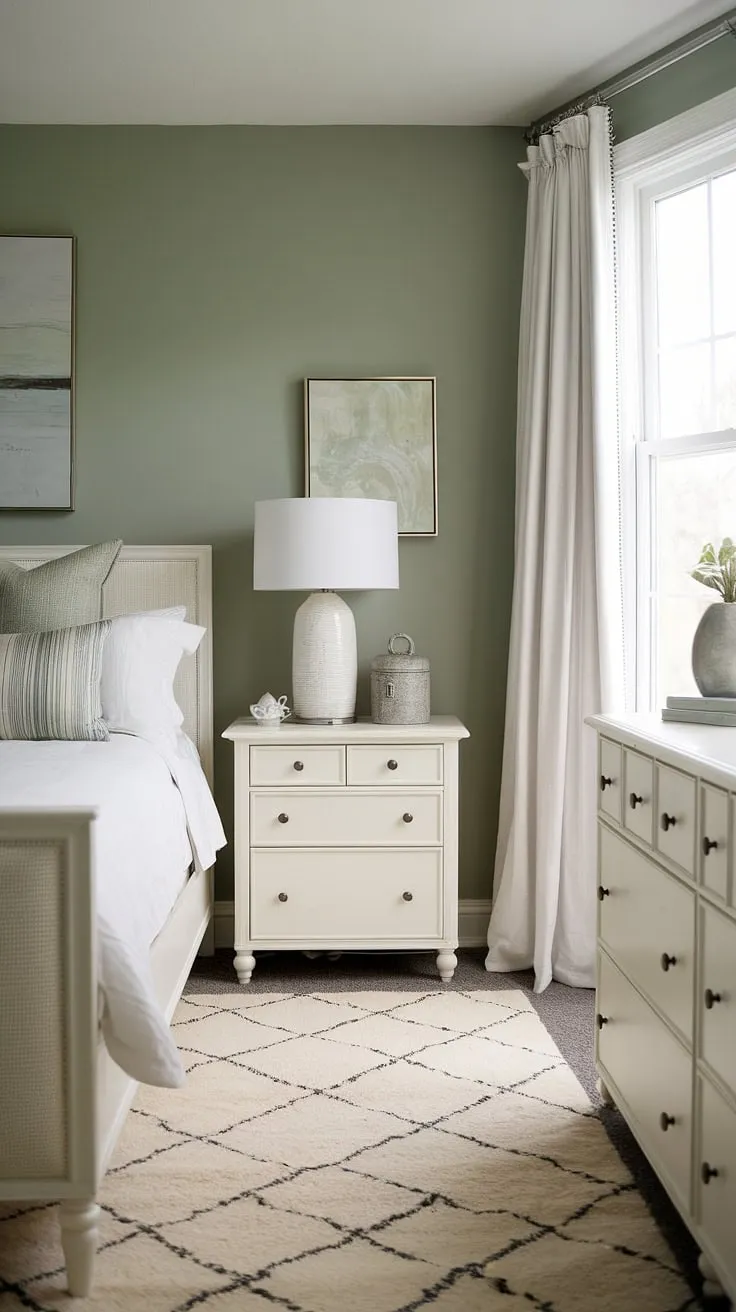 This serene sage green guest bedroom boasts a calming atmosphere. The sage green wall accent, painted in a beautiful bitter sage paint, complements the crisp white furniture perfectly. The cream walls with green accent wall create a sophisticated contrast, showcasing the sage green house decor beautifully. A cream rug anchors the white bed, dresser, and nightstand, completing this tranquil space.