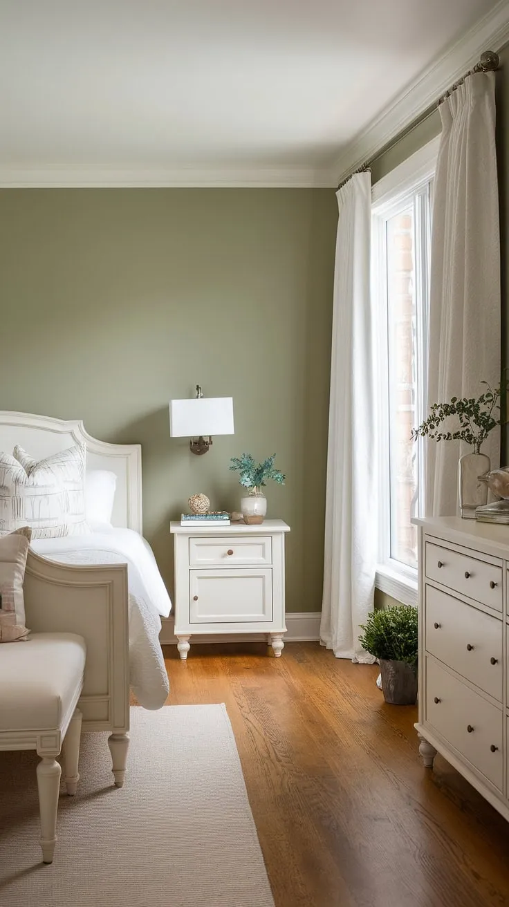 Serenity found in this sage green guest bedroom. The bitter sage paint on the accent wall complements the white furniture and cream walls, creating a calming sage green house decor.