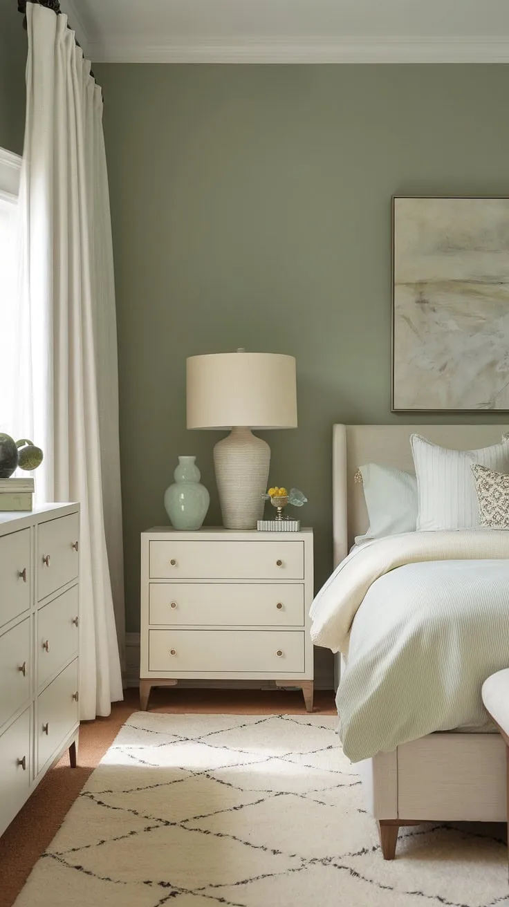 This serene sage green guest bedroom boasts a safe green accent wall painted in a beautiful bitter sage paint. The white furniture, including the bed, dresser, and nightstand, complements the green walls perfectly, creating a calming atmosphere. The cream rug and lampshade add warmth to the cream walls with green accent wall, showcasing the versatility of sage green house decor.