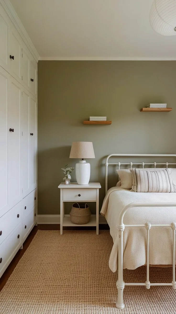 Serene sage green guest bedroom, featuring a calming bitter sage paint accent wall and white furniture, creating a safe and cozy haven. The cream walls with green accent wall perfectly complement the sage green house decor.