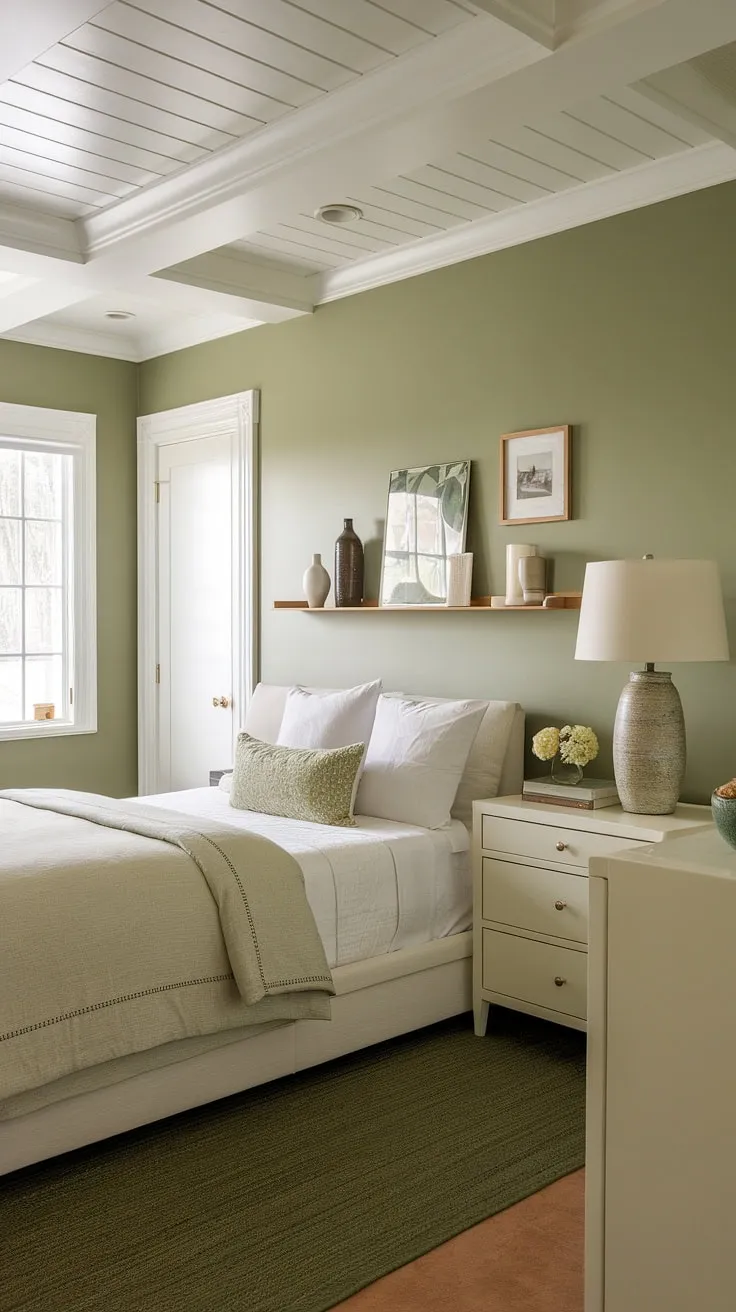 This sage green accent wall transforms this guest bedroom, showcasing the perfect balance of cream walls with green accent wall and white furniture green walls. A safe green accent wall choice for a peaceful retreat.