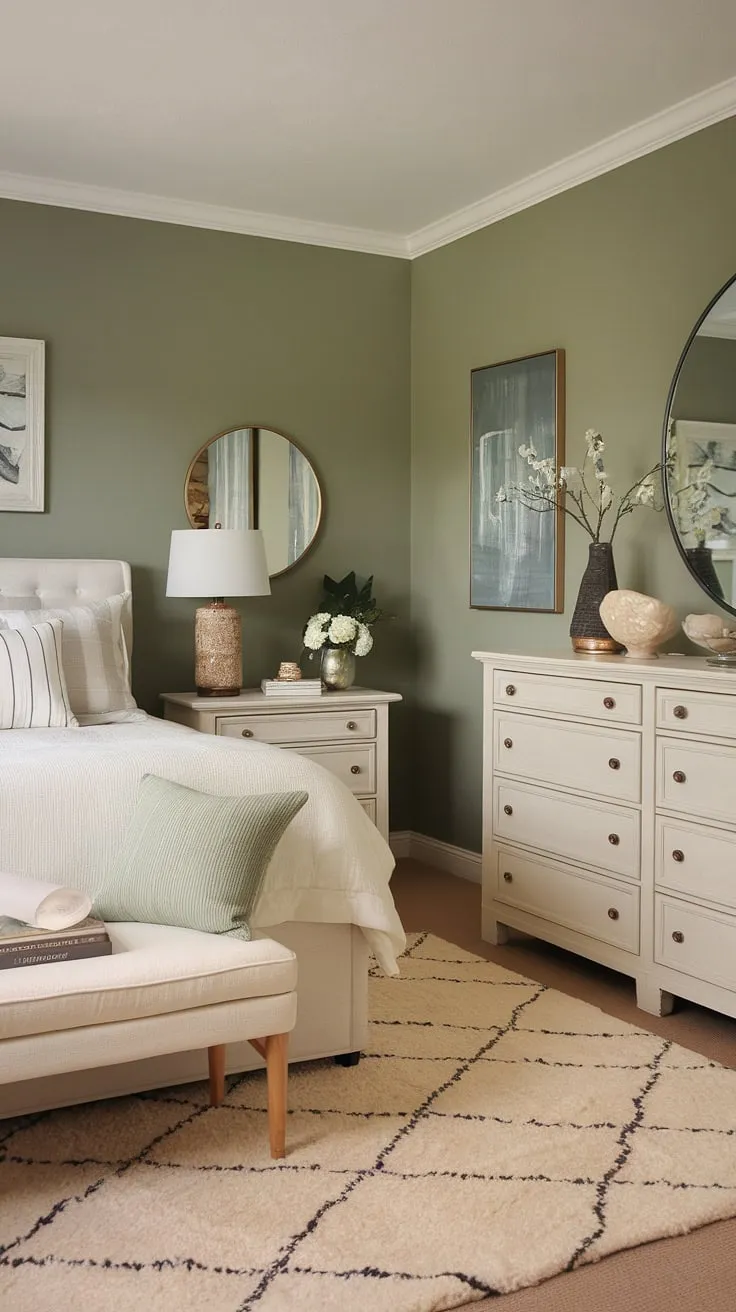 This sage green guest bedroom boasts a calming atmosphere, thanks to the sage green wall accent and white furniture. The bitter sage paint creates a sophisticated backdrop for the cream walls with green accent wall, perfectly complementing the sage green house decor. The safe green accent wall is the perfect touch of color in this serene space.