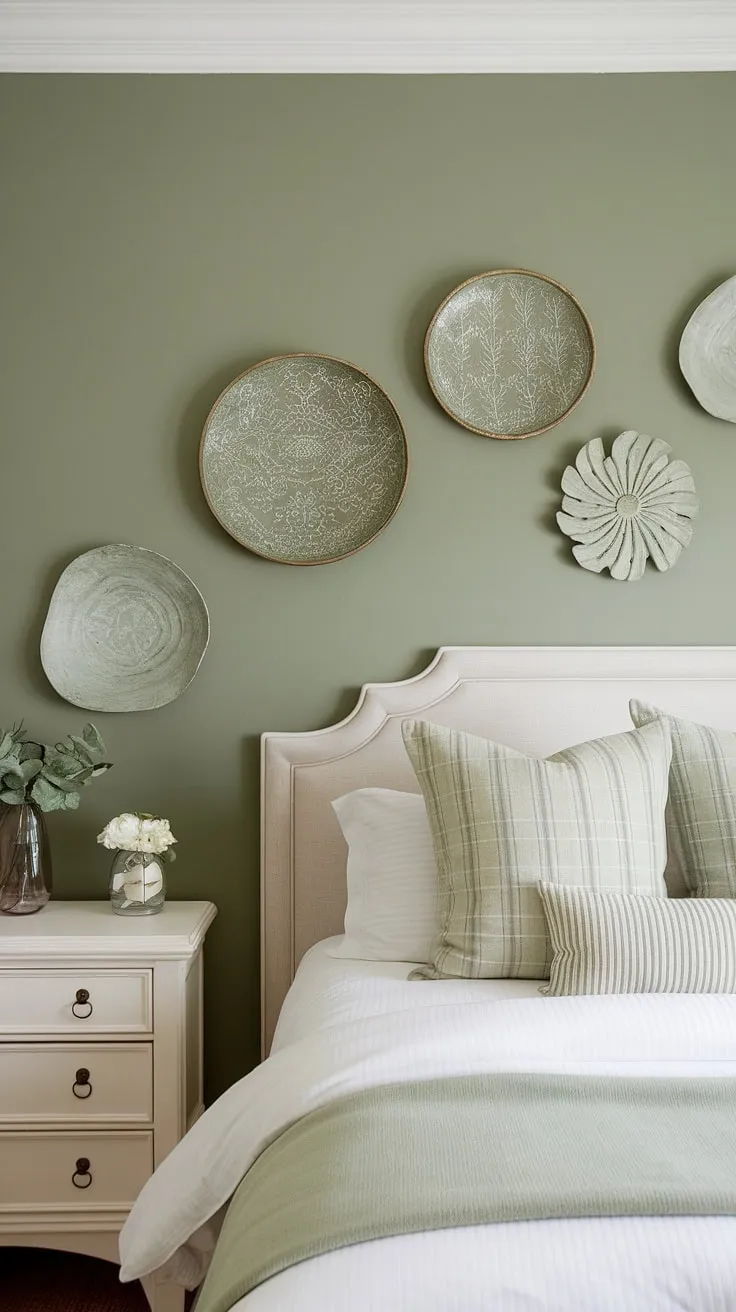 The cream walls with green accent wall in this sage green guest bedroom are a study in understated elegance. The white furniture and bitter sage paint of the accent bedroom green wall, along with the subtle sage green house decor, contribute to a peaceful and inviting space.