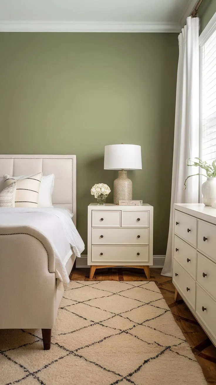 A safe green accent wall transforms this bedroom into a tranquil sanctuary. The combination of cream walls with green accent wall and white furniture creates a bright and airy feel, perfect for relaxation. The sage green wall accent is beautifully balanced by the cream rug and white curtains, showcasing the versatility of green walls in a stylish sage green guest bedroom.