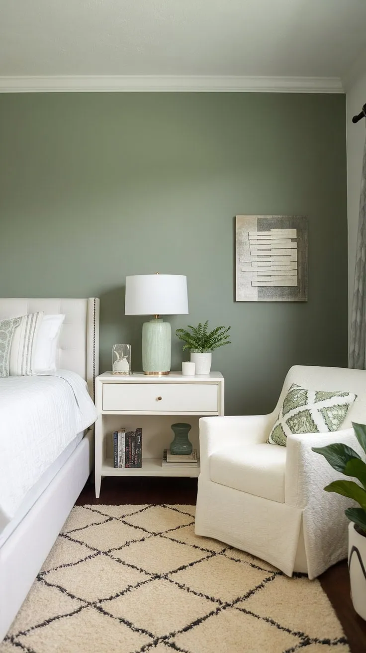 Cream walls with a green accent wall? Yes, please! This accent bedroom green wall, painted in a beautiful sage green, makes this white furniture green walls bedroom feel both sophisticated and inviting.