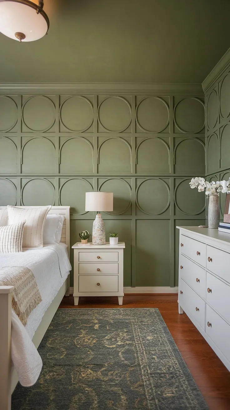A serene accent bedroom, this space showcases the beauty of cream walls with a green accent wall in a sophisticated sage green. The white furniture pops against the textured sage green wall, creating a stylish and inviting sage green house decor. The subtle circular pattern on the wall adds visual interest to this safe green accent wall, making it the perfect example of how white furniture green walls can transform a room.