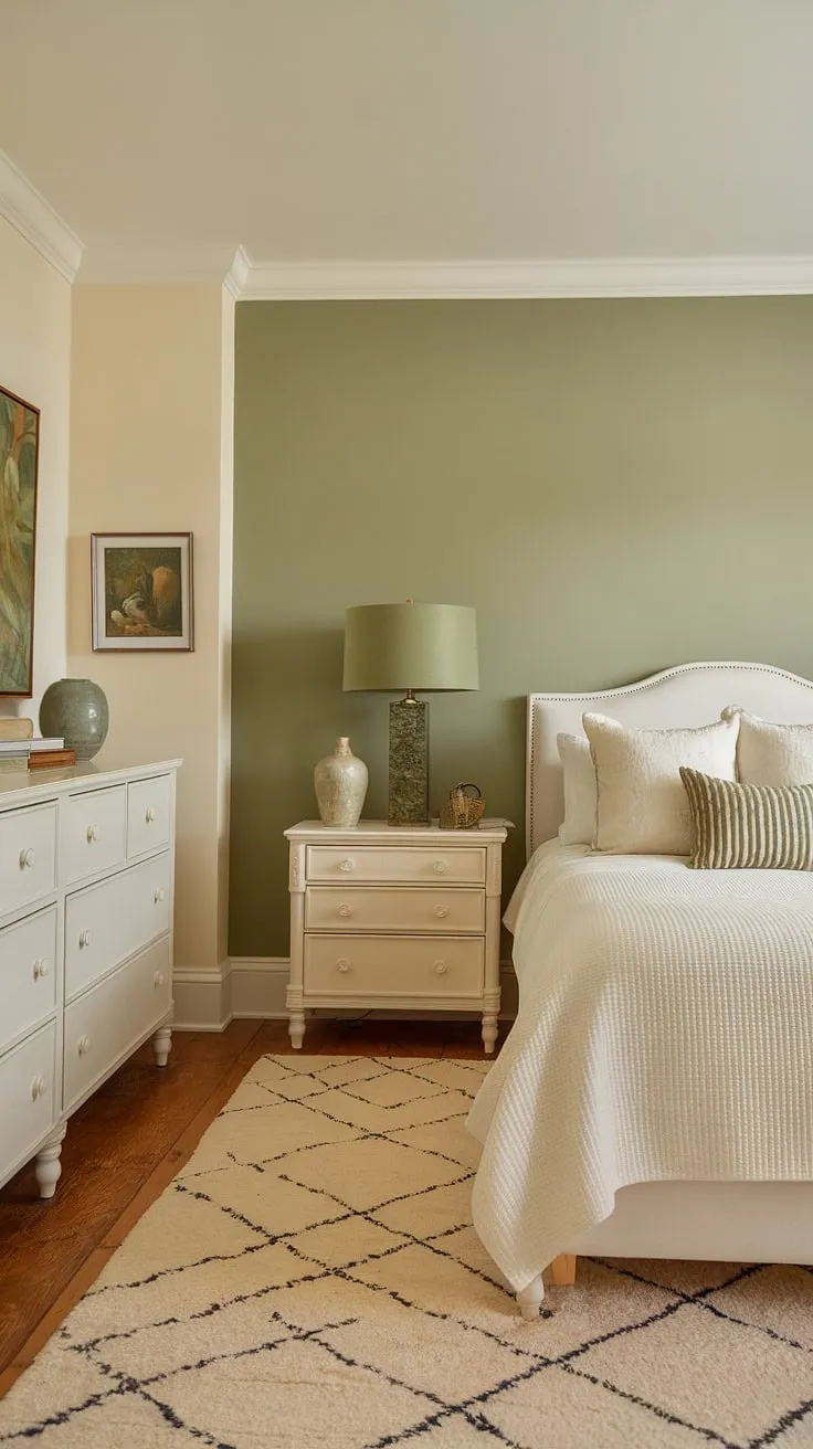 Tranquil escape in this sage green guest bedroom. White furniture and cream walls complement the bitter sage paint of the accent bedroom green wall, creating a serene sage green house decor.