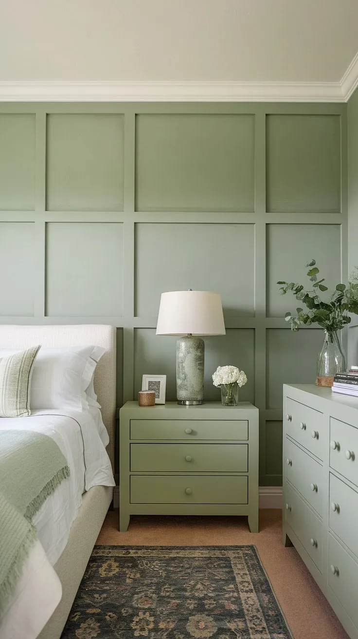 Tranquil escape in this sage green guest bedroom. The bitter sage paint on the accent bedroom green wall perfectly complements the white furniture and cream walls with green accent wall, creating a safe green accent wall and serene sage green house decor.