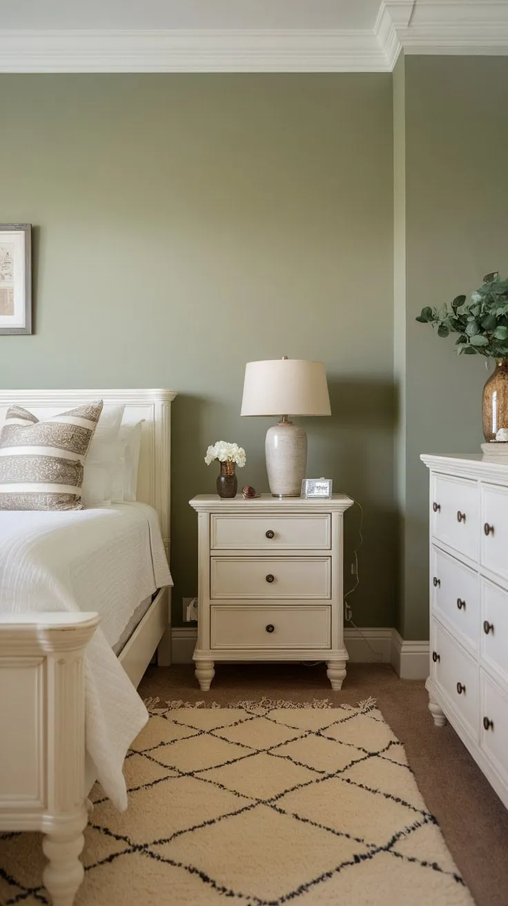Cream walls with a green accent wall—this sage green guest bedroom, featuring white furniture and green walls, is the perfect blend of serenity and style. The safe green accent wall is a highlight of this sage green house decor.