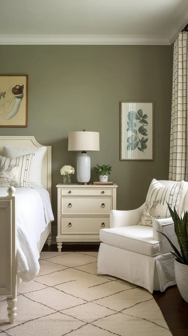 Serene sage green guest bedroom retreat. The bitter sage paint on the accent wall complements the white furniture and cream walls perfectly, creating a safe and cozy space.