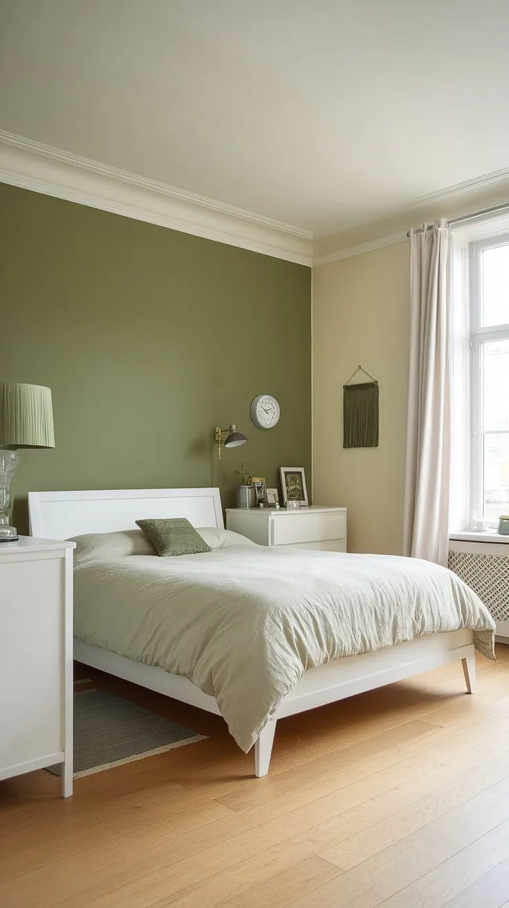 This sage green guest bedroom boasts a calming atmosphere. The sage green wall accent, painted in a beautiful bitter sage paint, creates a stunning contrast against the cream walls with green accent wall and white furniture. The safe green accent wall is complemented by beige bedding, a white dresser with a green lampshade, and light wood flooring, making it a perfect example of sage green house decor.