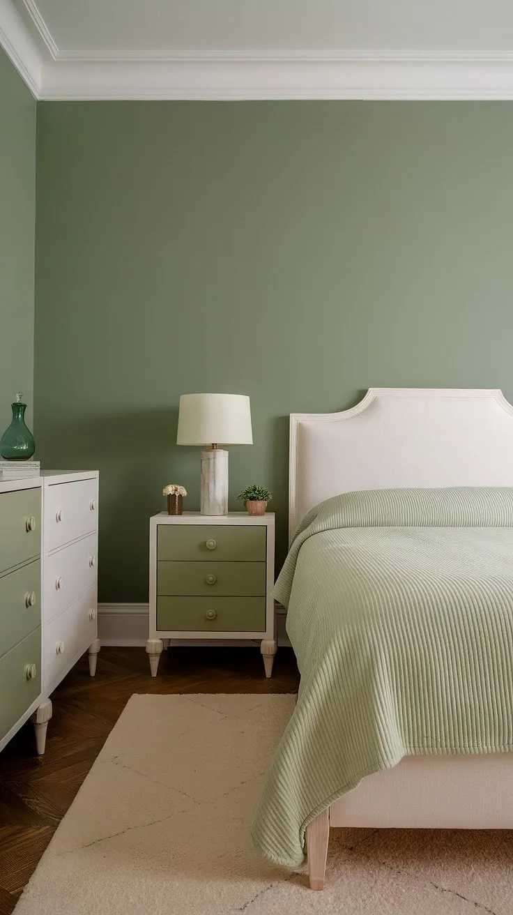 A serene sage green wall accent transforms this bedroom into a tranquil retreat. The white furniture against the green walls creates a bright and airy feel, while the subtle pops of green in the dresser drawer and lampshade add a touch of playful sophistication. This safe green accent wall, painted in a beautiful bitter sage paint, is the perfect example of how to incorporate sage green house decor into a white furniture green walls scheme.
