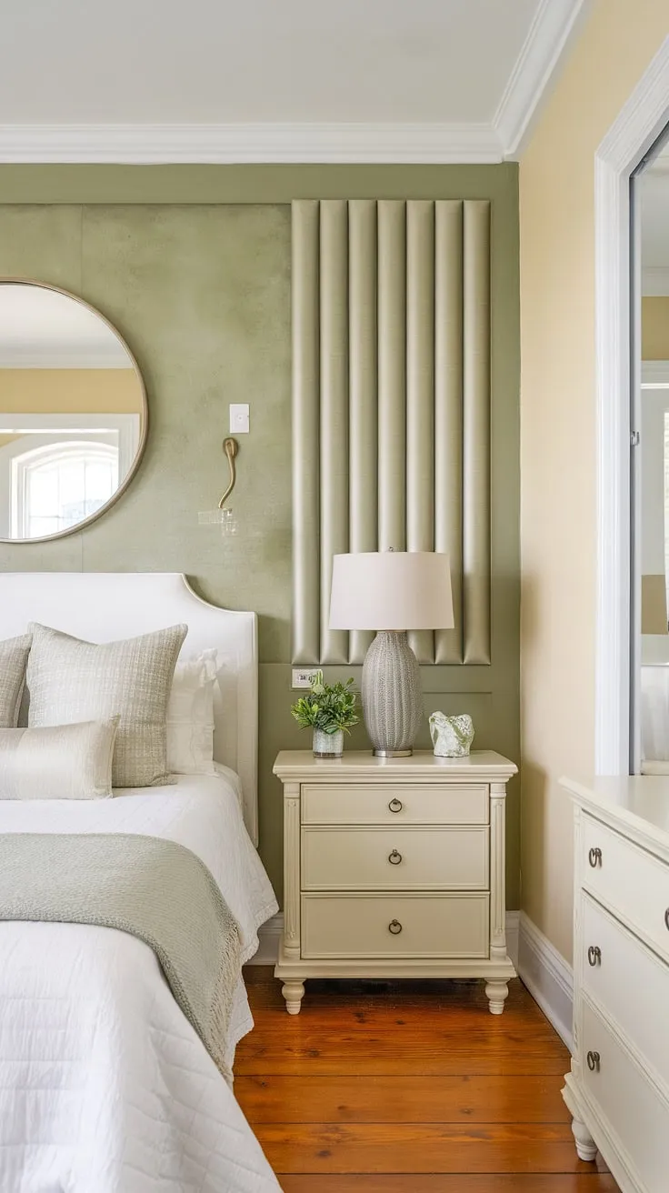 This sage green accent wall transforms the guest bedroom, complementing the white furniture and cream walls beautifully. A perfect example of sage green house decor.