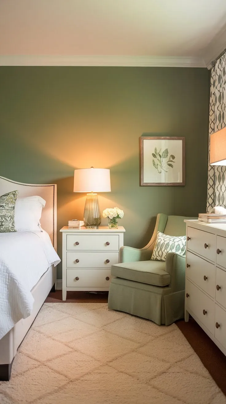 This tranquil sage green guest bedroom features a show-stopping bitter sage paint accent wall. The white furniture, including the bed and dresser, pops against the green walls, creating a balanced and sophisticated feel. A cream rug and white lampshade add to the room's airy ambiance. This is a perfect example of how to incorporate a safe green accent wall and achieve stylish sage green house decor in a white furniture green walls scheme.