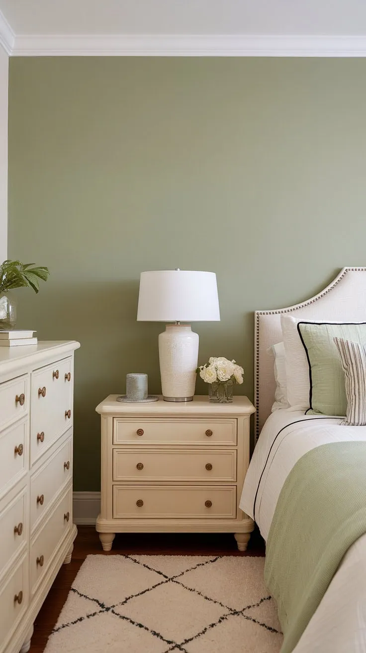 Cream walls with a green accent wall, painted in a beautiful bitter sage, define this serene guest bedroom. The white furniture complements the sage green wall accent perfectly, creating a light and airy feel. This sage green guest bedroom is a testament to the elegance of white furniture green walls and sage green house decor.