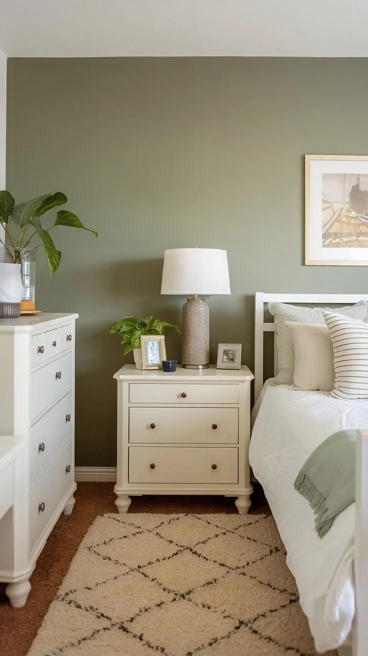 Tranquil escape in this sage green guest bedroom. The bitter sage paint on the accent wall complements the white furniture perfectly, creating a serene space with sage green house decor.