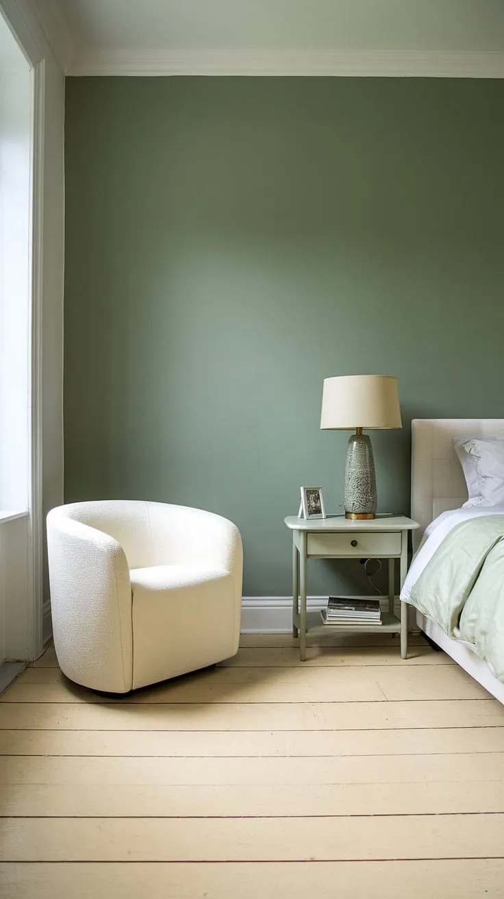 This accent bedroom boasts a stunning sage green wall, painted in a safe green accent wall shade of bitter sage paint. The white furniture and light wood floors create a bright and airy feel, perfectly balanced by the calming green walls. This sage green house decor is the epitome of understated elegance, making it the ideal white furniture green walls guest room retreat.