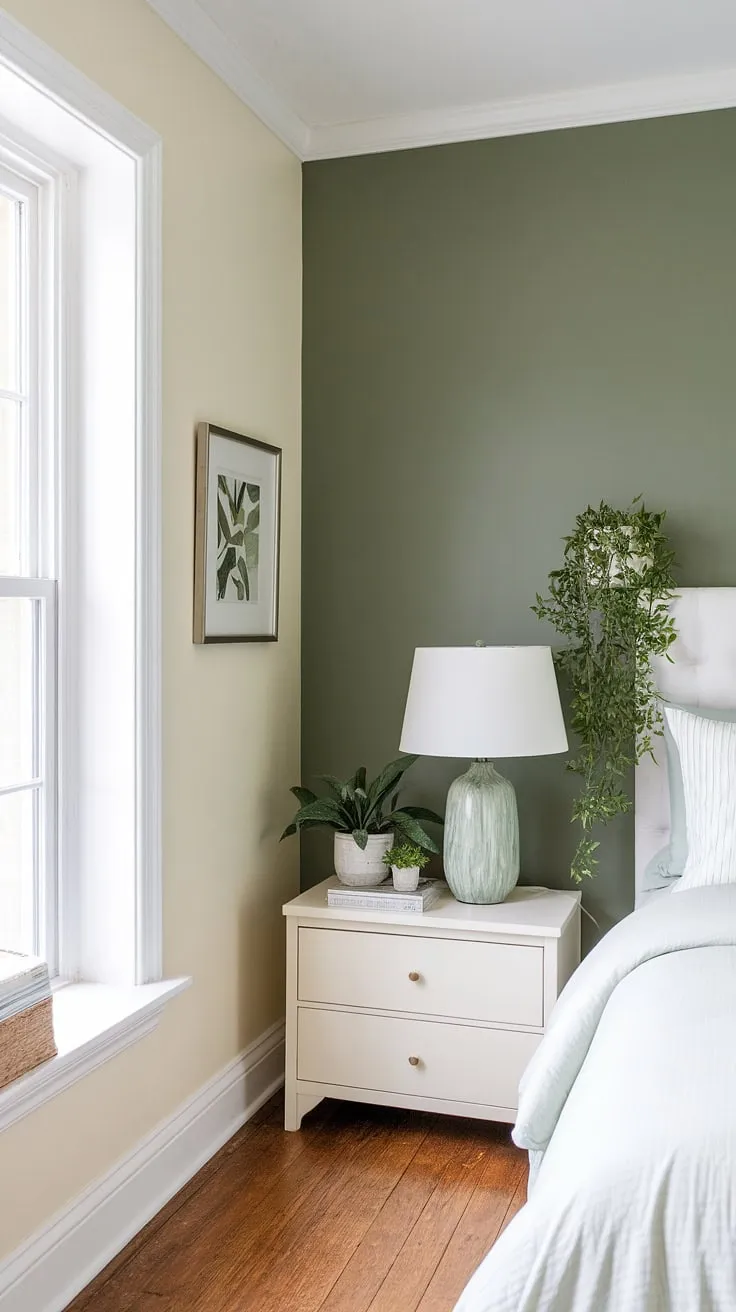 This sage green guest bedroom boasts a stunning sage green wall accent, creating a calming atmosphere with its bitter sage paint and white furniture green walls. The perfect blend of sage green house decor.