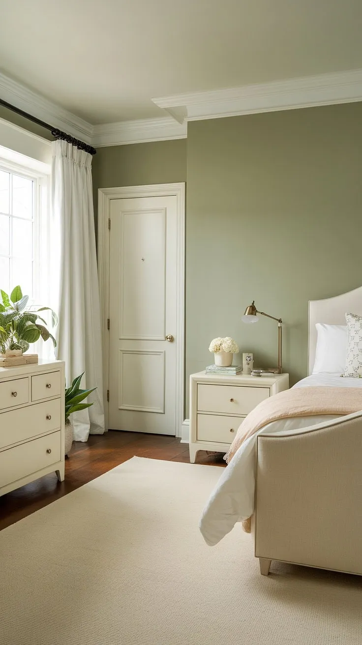 Serene sage green accent wall transforms this white furniture bedroom into a tranquil retreat. The bitter sage paint creates a calming sage green house decor perfect for a guest bedroom or personal sanctuary.