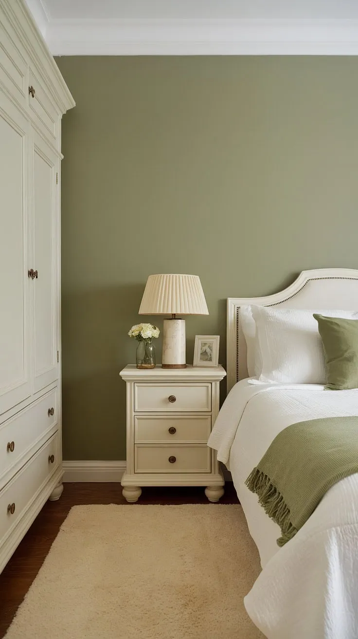 A dreamy accent bedroom green wall in bitter sage paint. This sage green wall accent transforms the space, showcasing how white furniture green walls can create a sophisticated and inviting atmosphere with cream walls with green accent wall.
