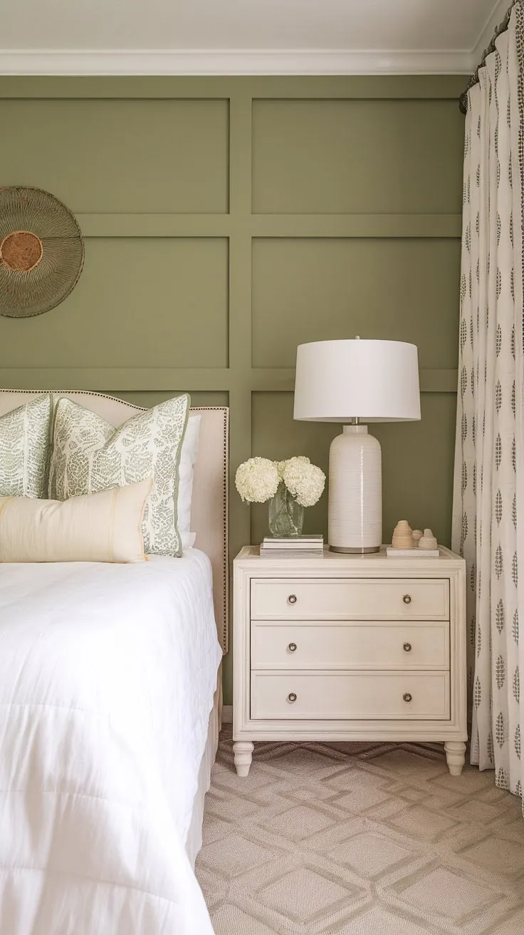 This safe green accent wall transforms this guest bedroom into a tranquil retreat. The white furniture, including the bed, dresser, and nightstand, pops against the calming bitter sage paint. The overall effect is a stylish and inviting space, a perfect example of cream walls with a green accent wall and a testament to the versatility of sage green in house decor. This sage green guest bedroom is a haven of peace.
