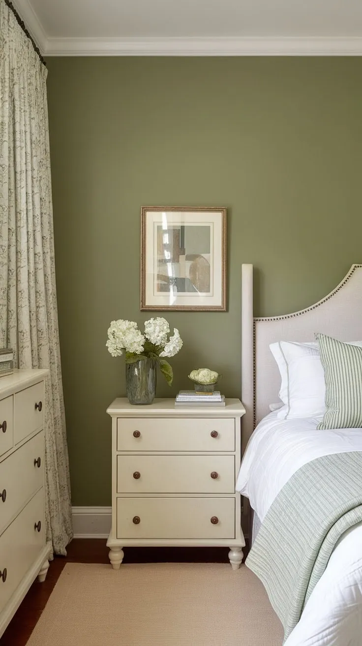 This sage green guest bedroom boasts a stunning accent bedroom green wall. The bitter sage paint and white furniture green walls combination offers a calming, inviting space, showcasing the beauty of sage green house decor.