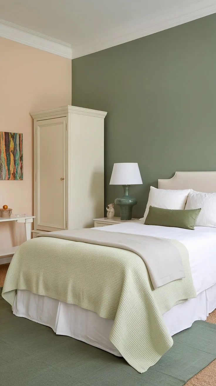 This sage green wall accent transforms the space! White furniture green walls and a cream walls with green accent wall combination makes this accent bedroom green wall a stunning example of sage green guest bedroom design.