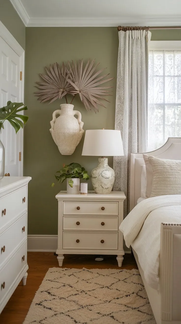 Serene sage green guest bedroom. The sage green wall accent, paired with white furniture, creates a calming oasis. Bitter sage paint adds a touch of sophistication to this sage green house decor.