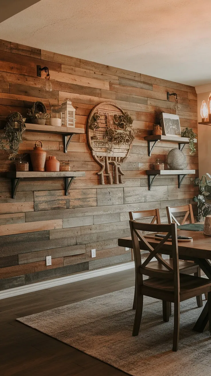 Warmth radiates from this rustic dining room, anchored by a stunning wood accent dining room wall. The dining room feature wall, complete with shelves showcasing charming dining room accents like pottery and greenery, creates a focal point within these inviting dining room interiors. This dining room inspiration showcases how a simple dining room accent wall can transform the space.