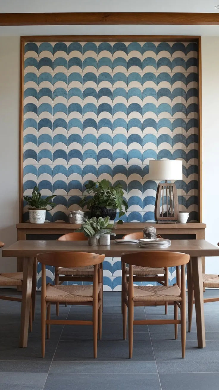 This dining room accent wall is a showstopper! The blue and white wave design of the accent tiles elevates these dining room interiors, offering a unique and calming atmosphere. The wooden dining table and chairs, complemented by the grey tile floor and exposed wooden beam, create a cohesive and inviting space. This dining room inspiration perfectly demonstrates how a simple dining room feature wall can transform the entire room, showcasing thoughtful dining room accents.