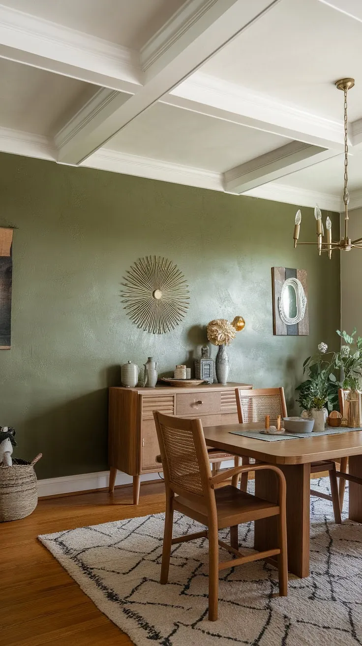 This dining room's design is a masterclass in creating a welcoming atmosphere. The eye-catching dining room accent wall, painted in a sophisticated shade of green, instantly elevates the space. The textured finish of the dining room walls adds depth and visual interest, perfectly complementing the wooden flooring and furniture. With tasteful dining room accents and a beautiful chandelier, this dining room offers plenty of dining room inspiration for those seeking a cozy and stylish retreat. The overall dining room interiors are a testament to thoughtful design.