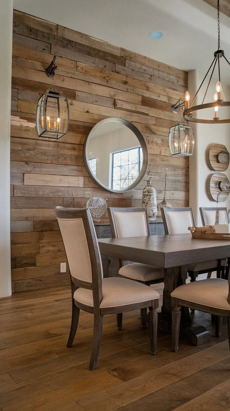 This dining room accent wall is the heart of this home's design. The dining room walls are transformed with this simple yet striking feature, showcasing the perfect blend of dining room accents and rustic appeal. A true source of dining room inspiration.