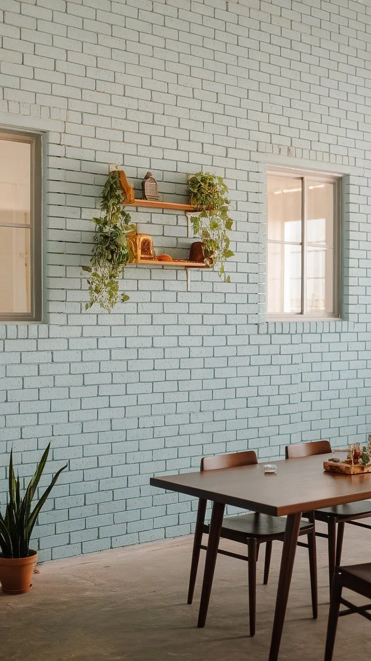 This stunning dining room boasts a captivating light blue brick accent dining room wall, a true dining room feature wall that elevates the space. The carefully chosen dining room accents, including the potted plants and wooden shelf, complement the rustic charm of the wooden dining table and chairs, all set against the backdrop of concrete flooring and bright windows. This dining room inspiration showcases the perfect blend of texture and color, offering a unique take on dining room interiors and dining room walls.
