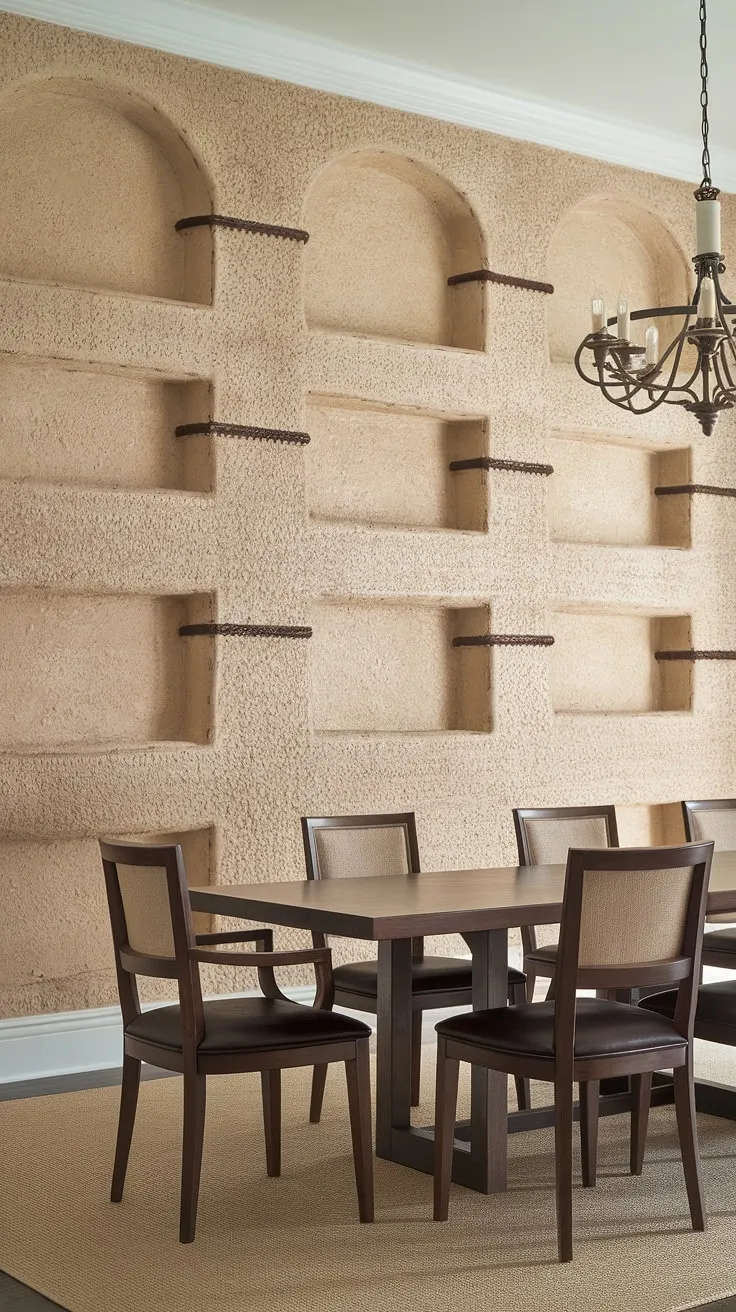 A stunning dining room accent wall elevates these dining room walls and creates a captivating focal point. The textured beige and brown tones offer endless dining room inspiration for your own dining room interiors.