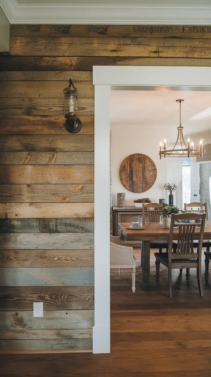 This dining room accent wall is the heart of this home's design. The dining room walls' stunning wood paneling elevates the entire space, offering a unique blend of rustic and refined dining room inspiration. The perfect example of how a simple dining room feature wall can transform dining room interiors.