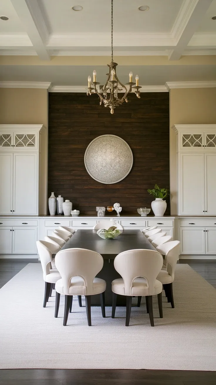 This dining room's design centers around a captivating dining room accent wall, its dark wood adding warmth and depth to the neutral palette. The dining room walls are beautifully balanced with white cabinetry and a light gray rug, creating a serene atmosphere. The chandelier and carefully chosen dining room accents, including the curved white chairs, contribute to the overall sophisticated feel. This space provides excellent dining room inspiration, showcasing how a simple dining room feature wall can transform dining room interiors.