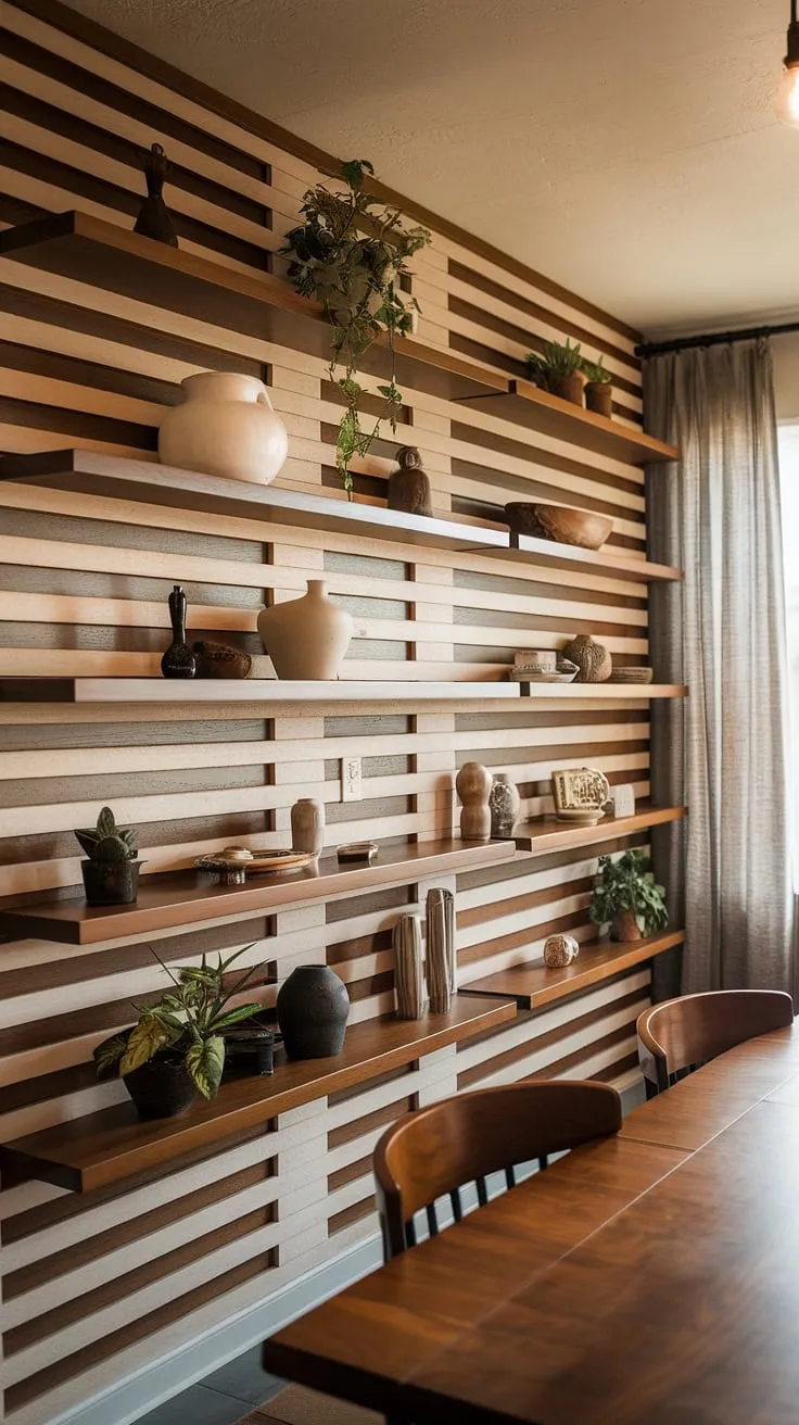 Warmth and character define this dining room, thanks to the stunning accent dining room wall. The dining room feature wall, a masterpiece of light and dark wood, showcases a curated collection of dining room accents, offering endless dining room inspiration.