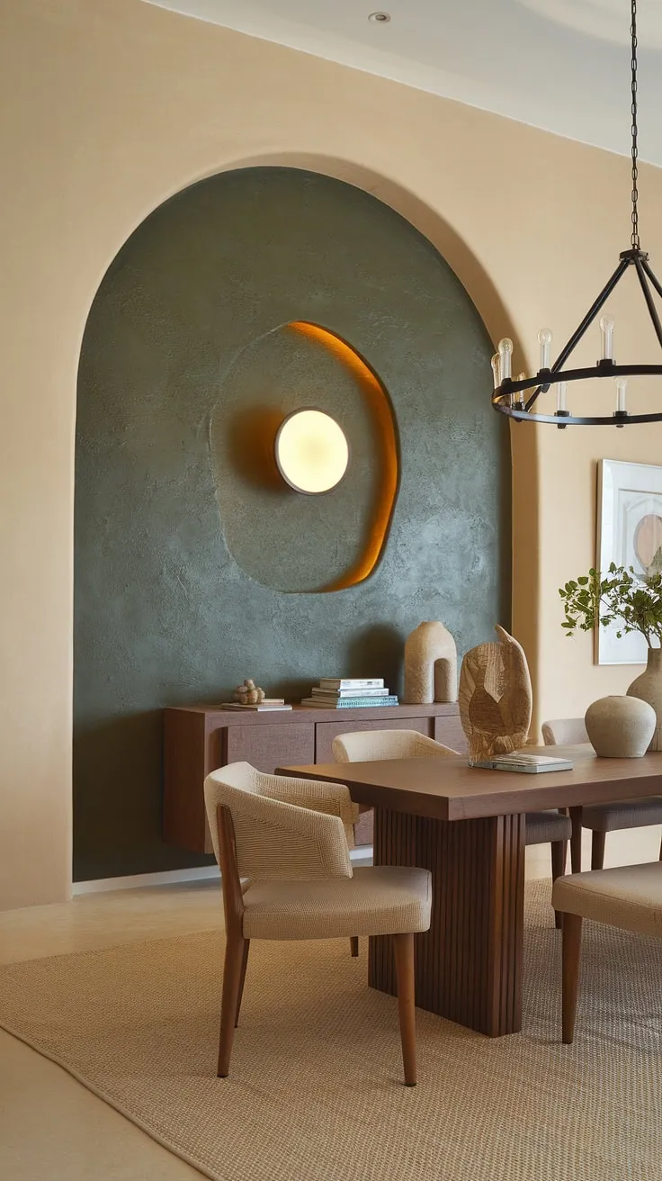Warm beige walls create a serene backdrop for this stunning dining room, while a textured dark green accent dining room wall, featuring a striking circular light fixture, becomes the focal point. The rich wood dining table and chairs, along with carefully chosen dining room accents, complete this sophisticated dining room interiors design, offering ample dining room inspiration for those seeking a touch of elegance. This dining room feature wall showcases how a simple design choice can elevate the entire space, transforming the dining room walls into a work of art.