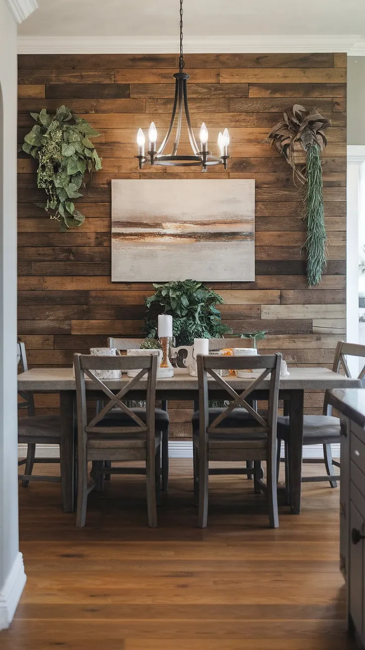 This dining room's captivating dining room feature wall, crafted from rich wood planks, sets the tone for the entire space. The dining room accent wall, complete with carefully chosen plants and artwork, provides a focal point within these inviting dining room interiors. The warm wood floors and chandelier add to the rustic ambiance, making it a prime example of dining room inspiration and showcasing the power of a well-designed dining room walls. The overall effect is a harmonious blend of rustic charm and sophisticated dining room accents.