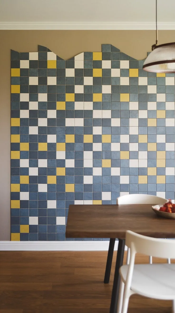 This dining room showcases a beautiful example of how to use a dining room accent wall to transform a space. The eye-catching dining room feature wall, composed of blue, white, and yellow accent tiles in a flowing wave design, is the undeniable star of this dining room. The beige walls and warm wooden floors provide a calming backdrop, while the simple dining set and pendant light keep the focus on the striking dining room walls. This design offers plenty of dining room inspiration for those seeking to add personality to their dining room interiors.