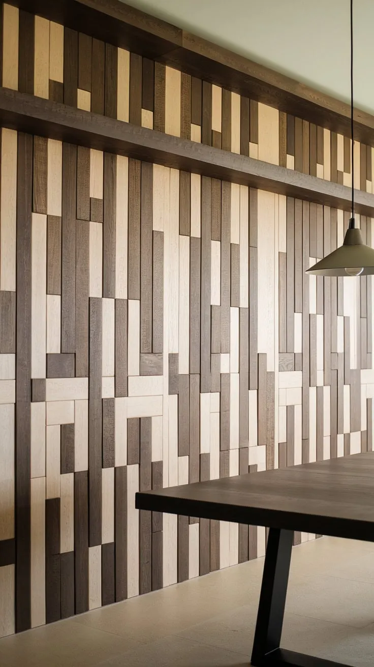 This dining room's design is elevated by a striking dining room accent wall. The rich, textured wood panels, a blend of light and dark shades, create a captivating dining room feature wall that draws the eye. The overall effect is one of refined dining room interiors, showcasing the power of a simple yet impactful dining room accents choice. This space provides ample dining room inspiration, demonstrating the transformative potential of thoughtfully designed dining room walls.