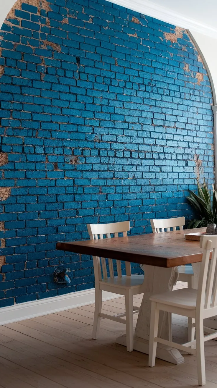 A deep blue accent dining room wall transforms this space, adding rustic charm to these dining room interiors. The dining room feature wall is the perfect dining room inspiration for creating a unique and stylish dining room accents.