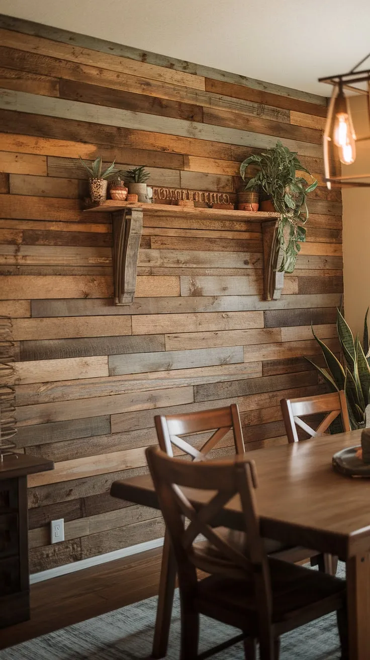 Warm lighting bathes this inviting dining room, where a rustic wood plank accent dining room wall takes center stage. The dining room feature wall, adorned with potted plants and decorative accents, creates a focal point within the charming dining room interiors. This space offers ample dining room inspiration, showcasing the transformative power of a thoughtfully designed dining room accent wall and carefully chosen dining room accents. The overall effect is one of cozy sophistication, making it a perfect example of beautiful dining room walls.