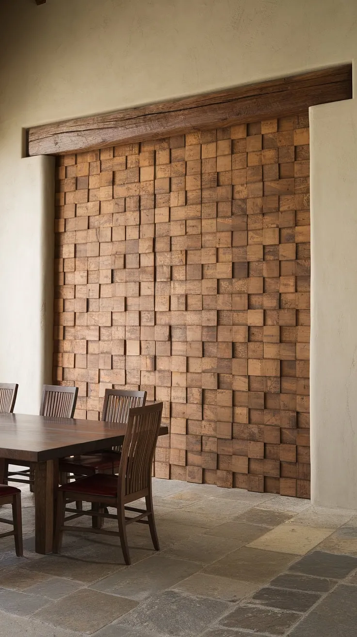 This dining room's design centers around a stunning dining room accent wall. The unique arrangement of wooden planks, highlighted by a substantial overhead beam, forms a captivating dining room feature wall. The warm wood tones of the wall are echoed in the dining room accents, such as the dining table and chairs, beautifully contrasting with the cool tones of the large stone floor. This space offers ample dining room inspiration, demonstrating how a thoughtfully planned dining room walls can transform the overall feel of dining room interiors.